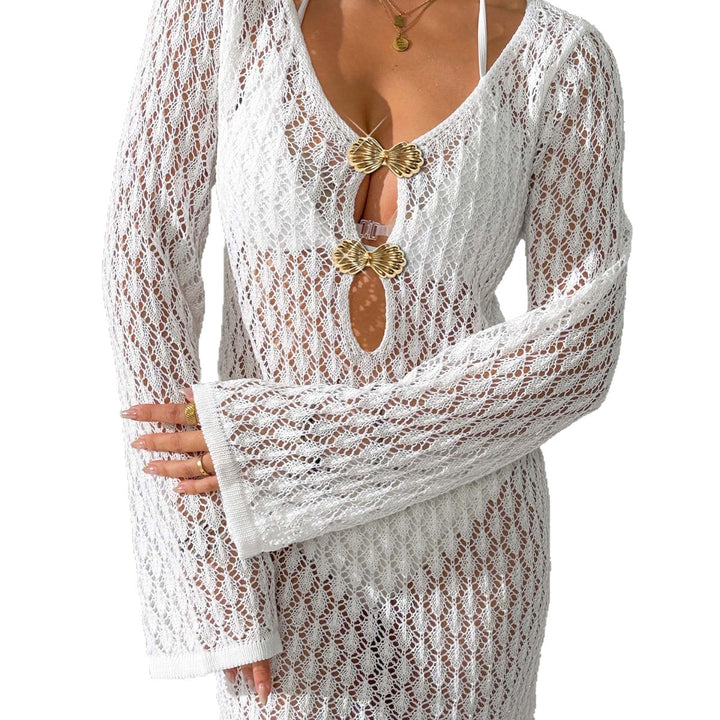 Damen Häkel-Strandkleid mit tiefem V-Ausschnitt und eleganten Knöpfen Drune