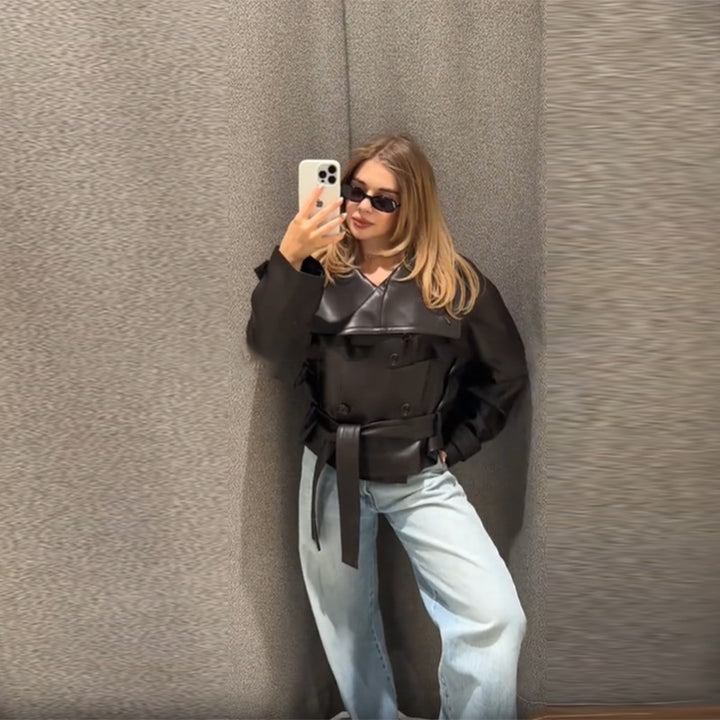 Damen Modische Cropped-Lederjacke mit doppelter Knopfleiste und breitem Kragen Drune