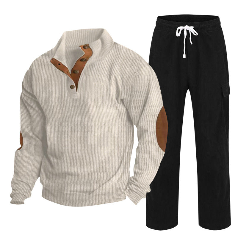 Herren nan Strick-Freizeitset mit Knopfleiste und Ellenbogenaufnähern sowie Cord-Cargohose Drune