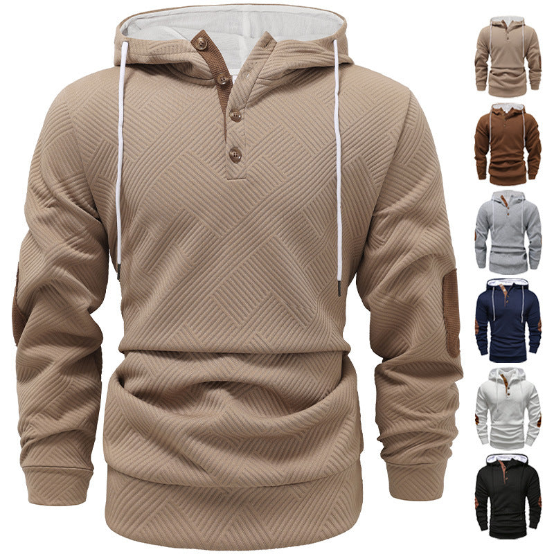 Herren nan strukturierter Kapuzenpullover im Henley-Stil mit Kontrastbesatz und Ellenbogenaufnähern Drune