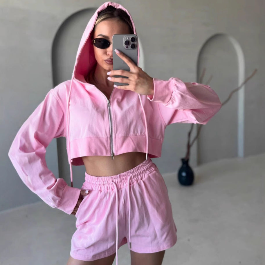 Damen trendy cropped Kapuzenjacke und Shorts Set Drune