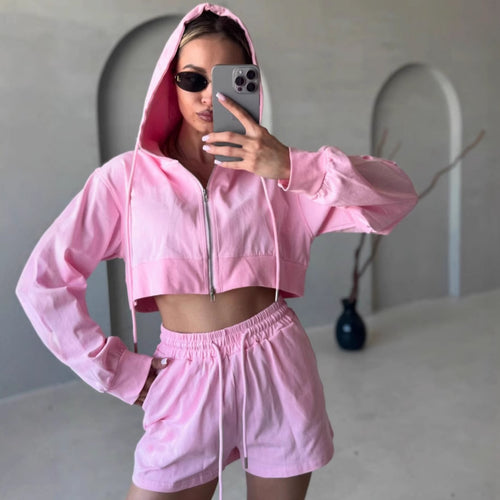 Damen trendy cropped Kapuzenjacke und Shorts Set Drune