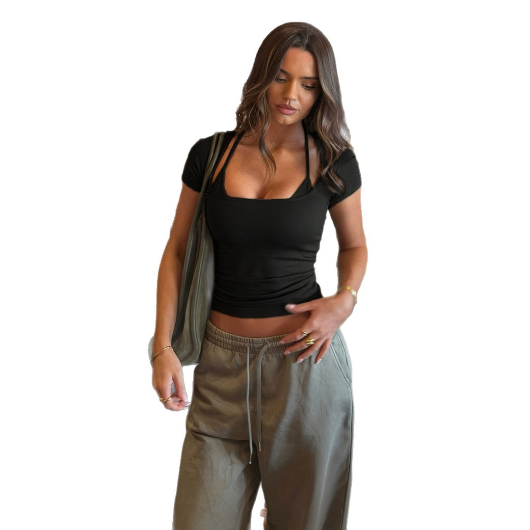 Damen nan figurbetontes Langarm-Top mit Neckholder-Bindung und eckigem Ausschnitt Drune