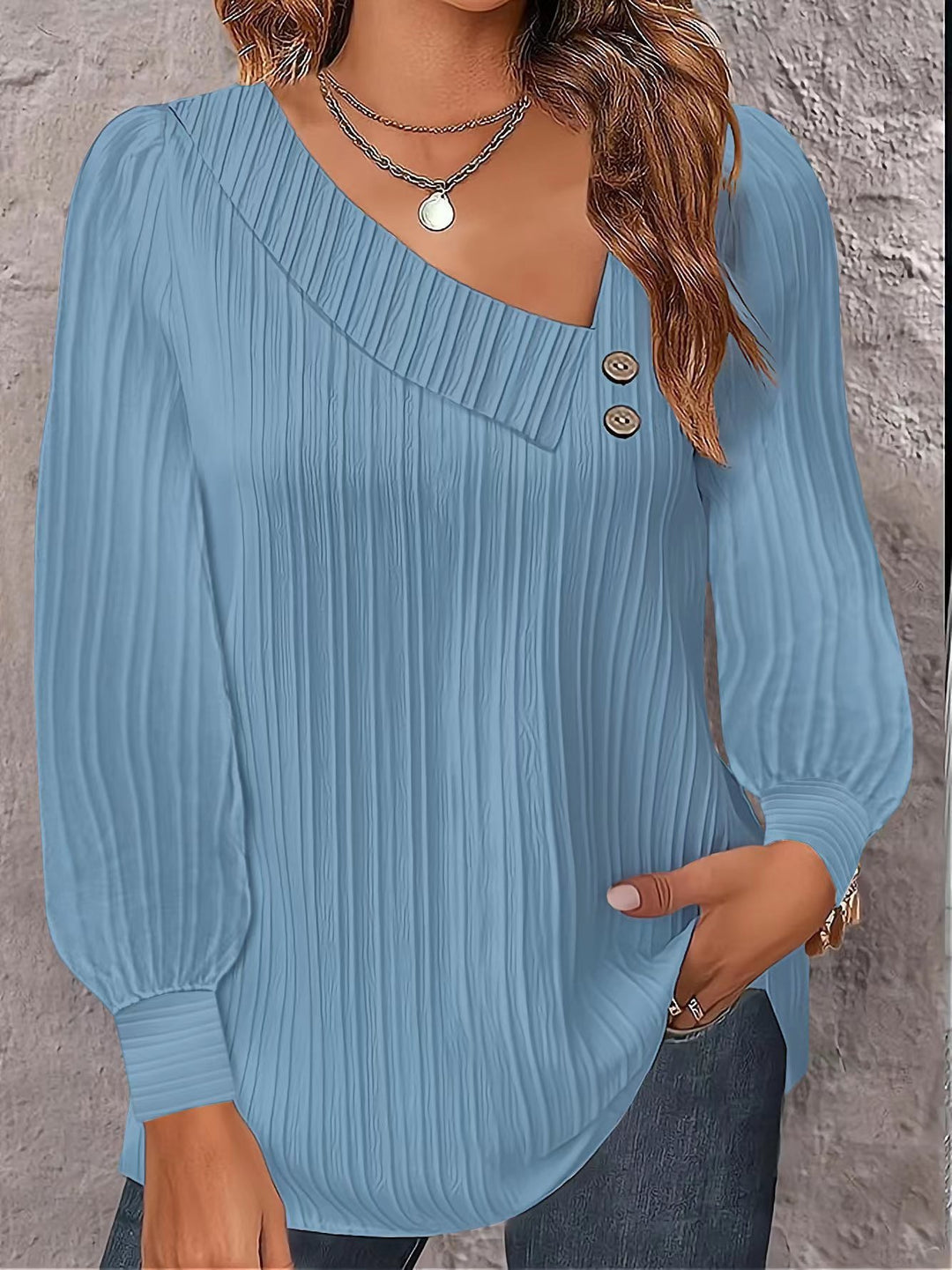 Damen stilvolles und elegantes Oberteil mit asymmetrischem Ausschnitt und Knopfleiste Drune
