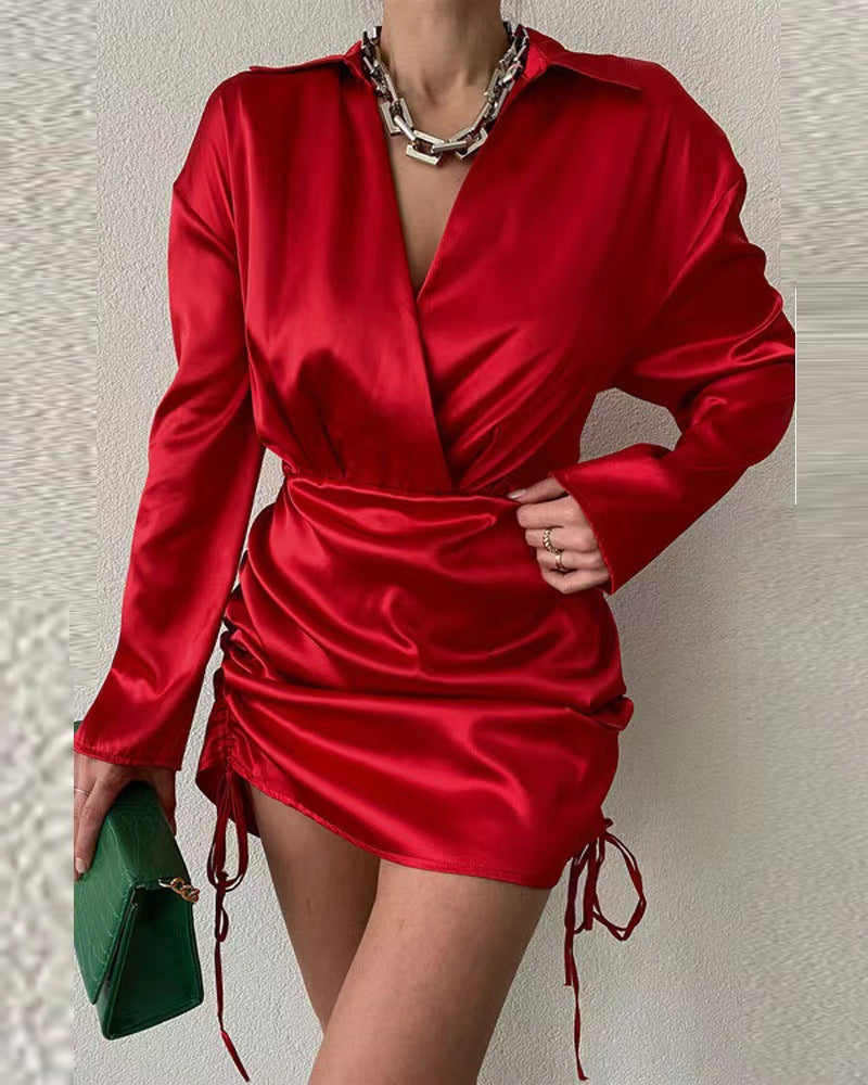 Damen Elegantes Wickelkleid mit langem Arm und verstellbarem Saum Drune