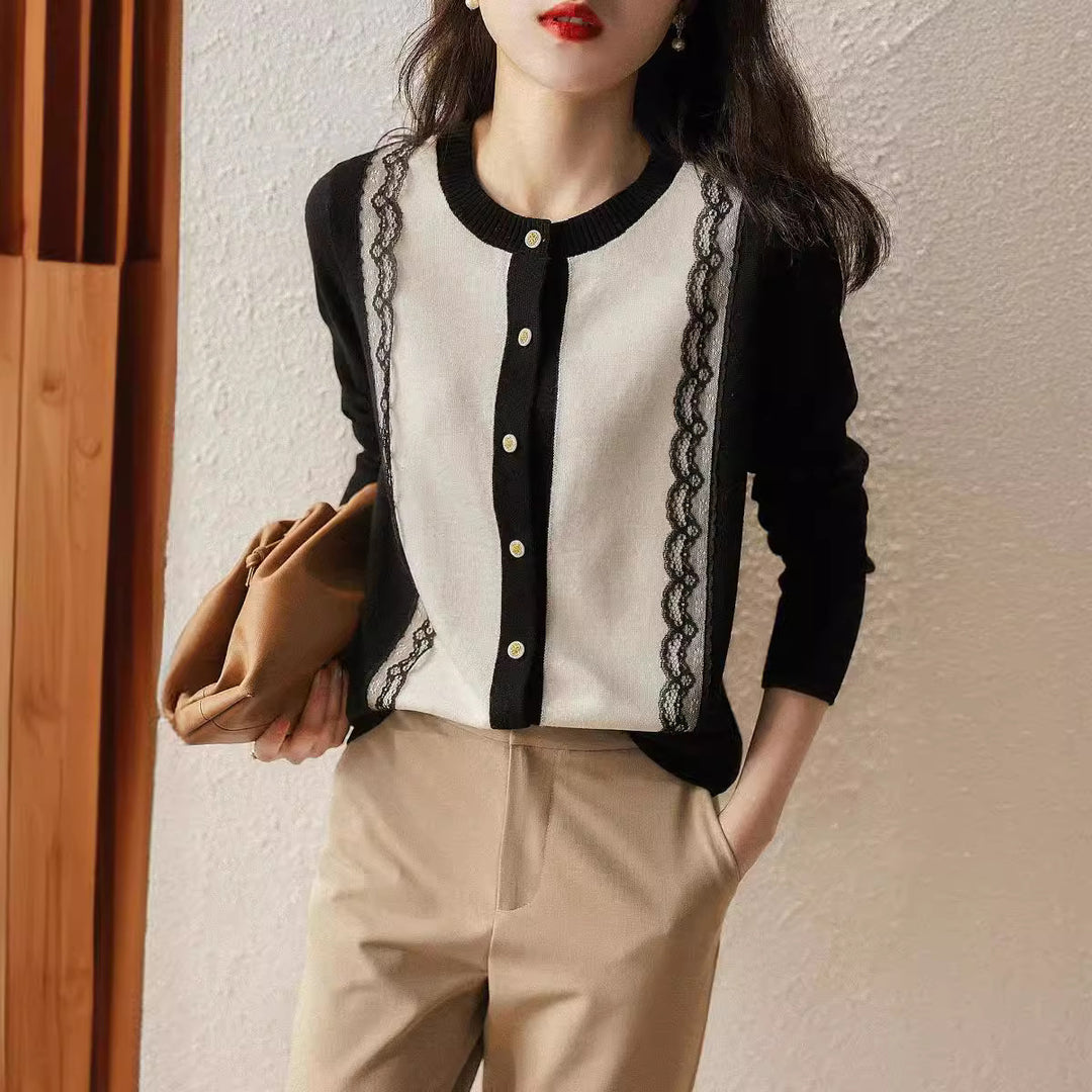 Damen elegante Strickjacke mit Spitzenbesatz Drune