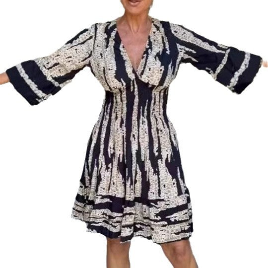 Damen Midikleid mit verspieltem Muster und eleganten 3/4-Ärmeln Drune