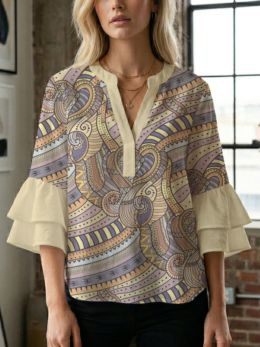 Damen elegantes Oberteil mit voluminösen Rüschensäumen und floralem Design Drune