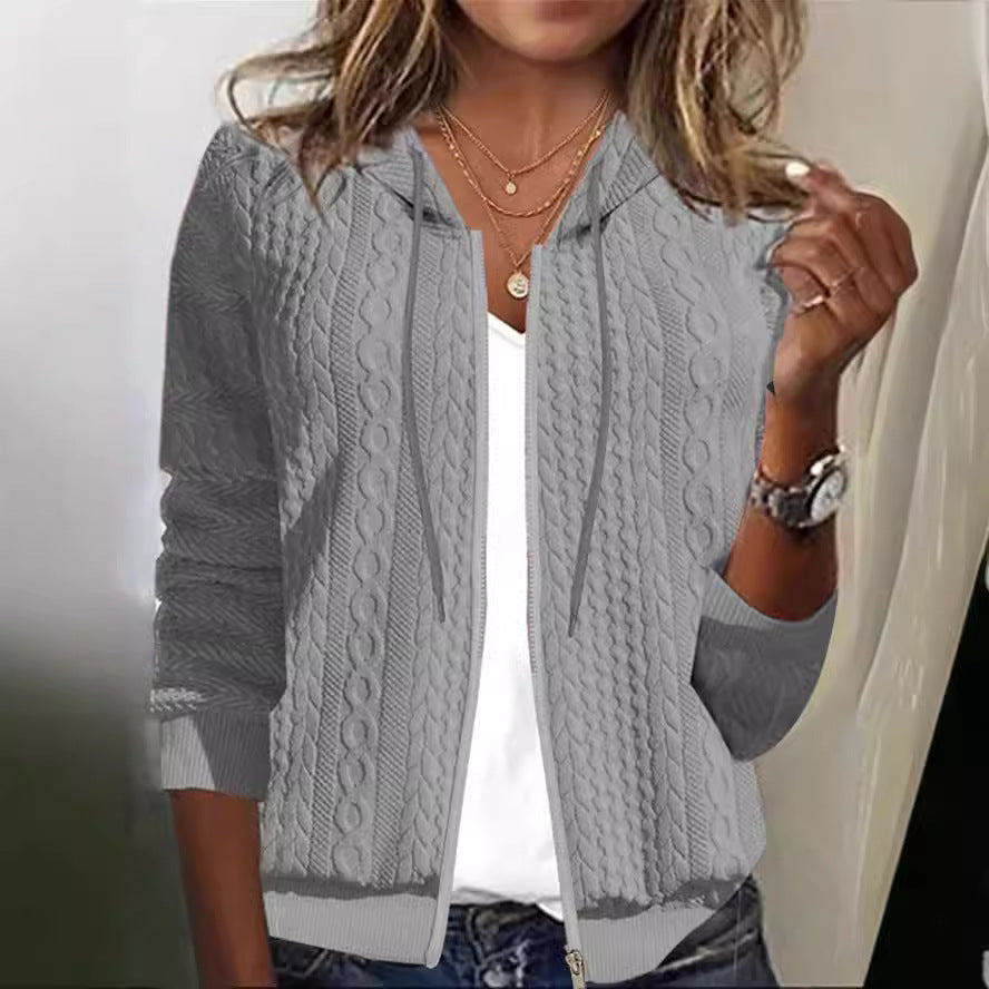 Damen Strickstruktur Zip-Up Hoodie Drune