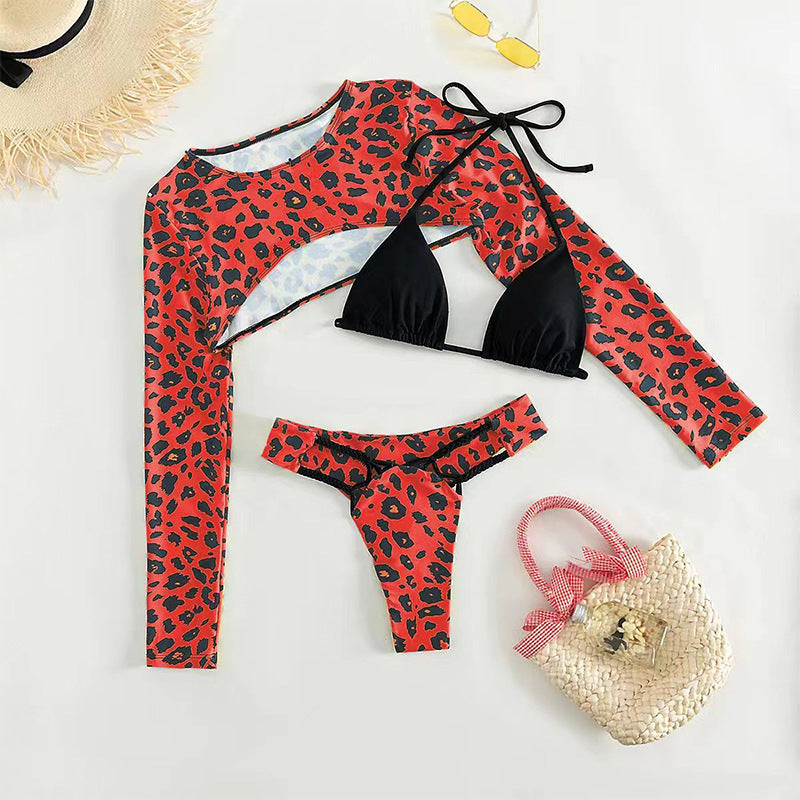 Damen Bikini-Set mit langärmligem Oberteil und modernem Animal-Print Drune