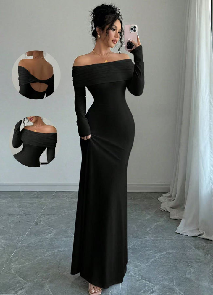 Damen Elegantes Off-Shoulder-Maxikleid mit figurbetontem Schnitt und langen Ärmeln Drune