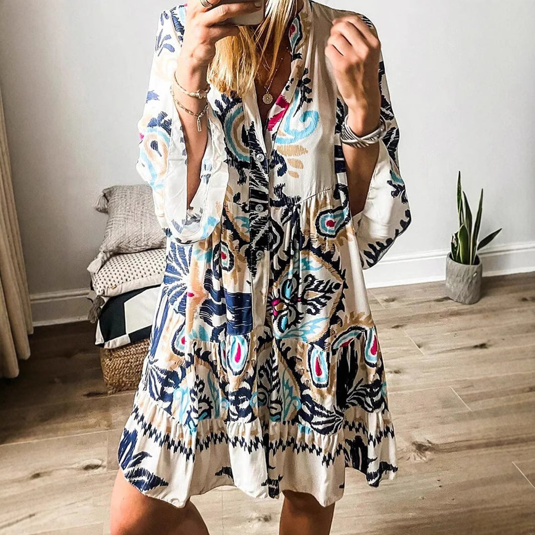 Damen Freizeitkleid mit modischem floralem Design und langen Ärmeln Drune