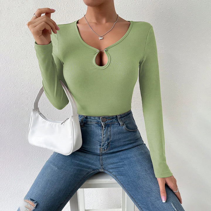 Damen Langarmshirt mit tiefem V-Ausschnitt und dekorativem Bindedetail Drune