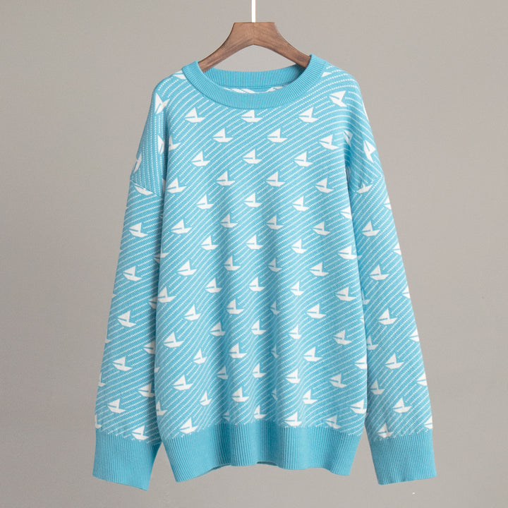 Damen Gemusterter Oversized Pullover aus hochwertiger Baumwolle Drune