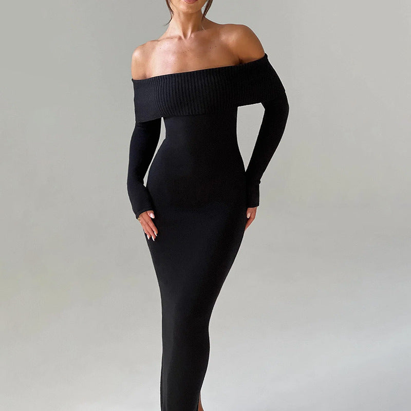 Damen schulterfreies Maxikleid mit langem Arm und elegantem Schnitt Drune