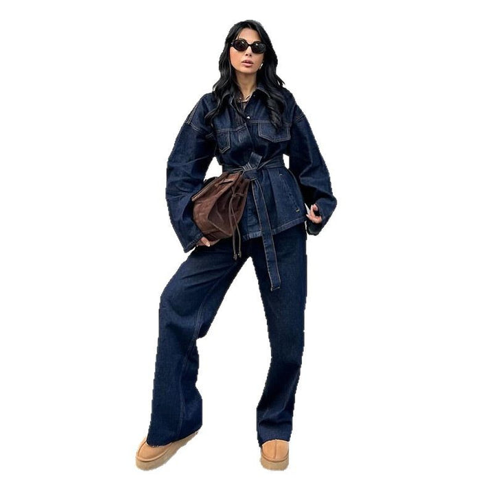 Damen weite Jeans mit hochtailliertem Schnitt und klassischen Taschen Drune