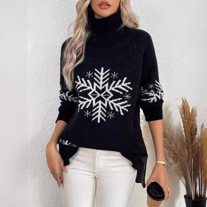 Damen Strickpullover mit hohem Kragen und festlichem Schneeflocken-Motiv Drune