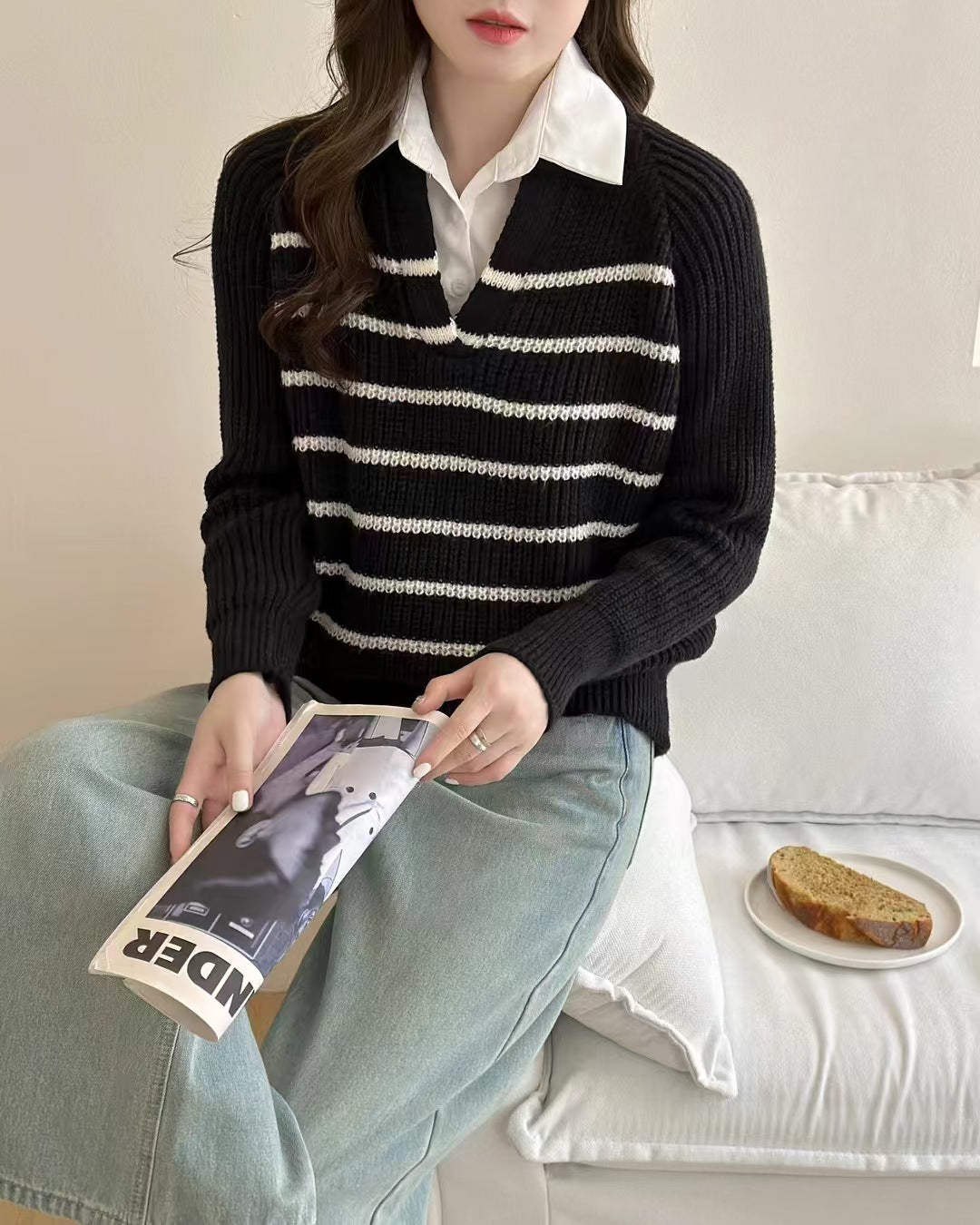 Damen Strickpullover mit V-Ausschnitt und gestreiftem Design Drune