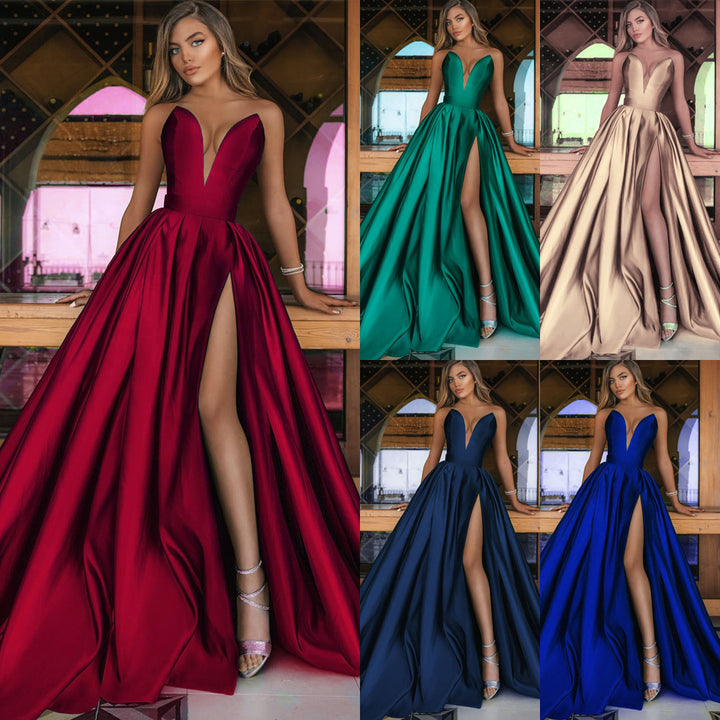 Damen A-Linien Maxikleid mit tiefem V-Ausschnitt und elegantem Schlitz Drune