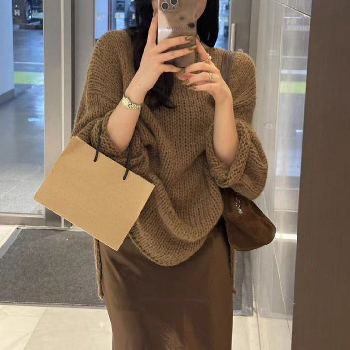 Drune | Übergröße Pullover Grobstrick Off Shoulder Langarm Freizeitfit