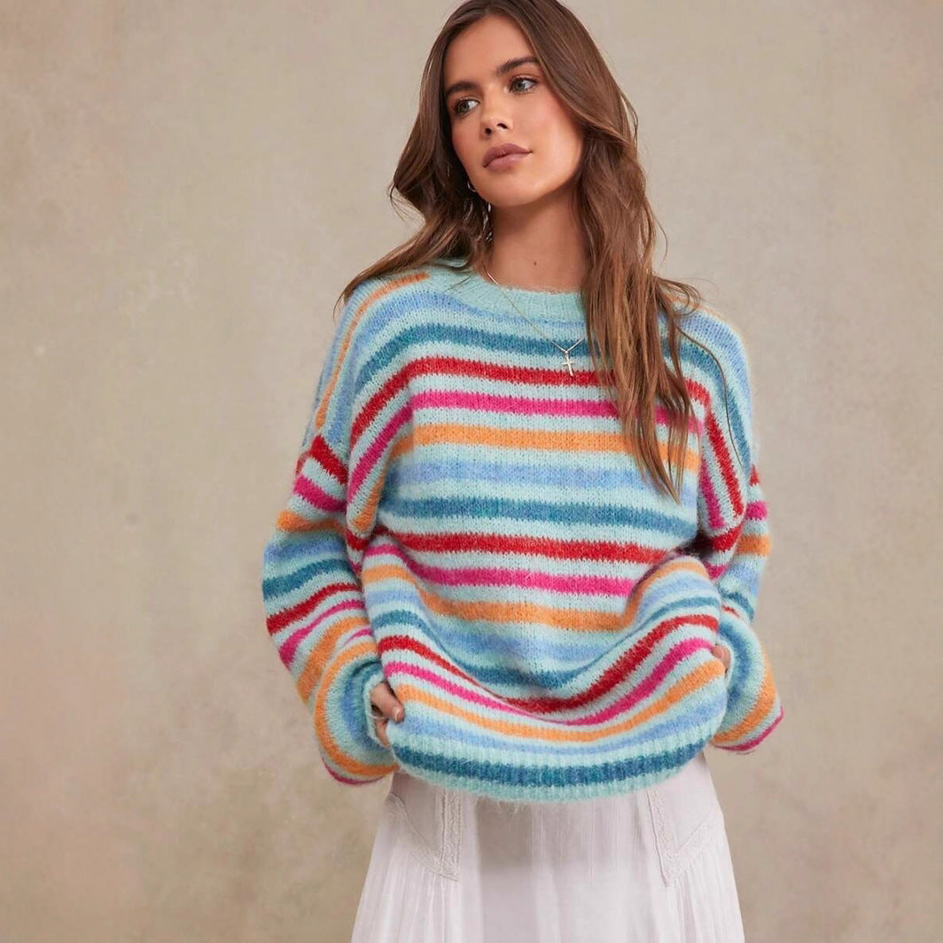 Damen Strickpullover mit buntem Streifenmuster und lässigem Schnitt Drune