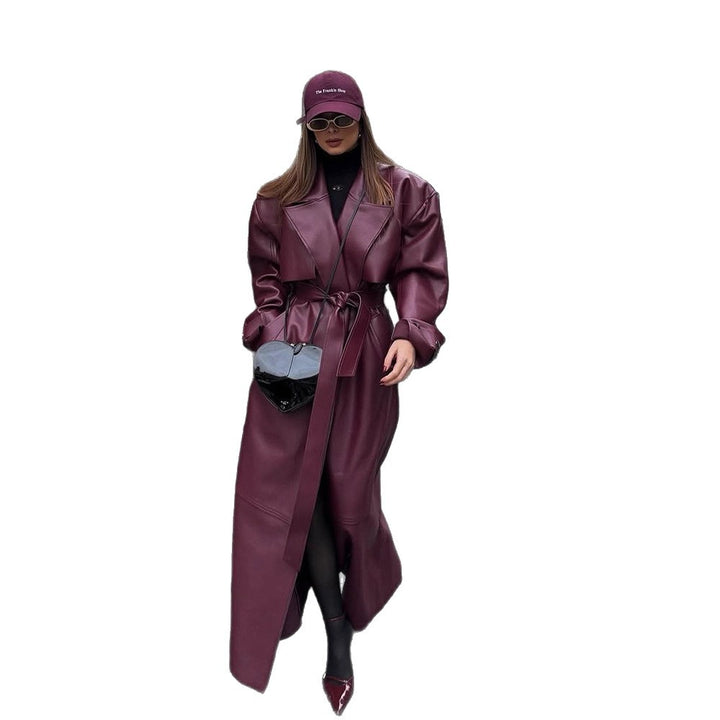 Damen elegante Kunstlederjacke mit voluminösen Ärmeln und Taillengürtel Drune