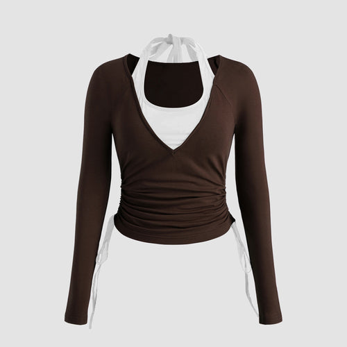 Damen Longsleeve Shirt mit doppeltem Design und Raffung Drune