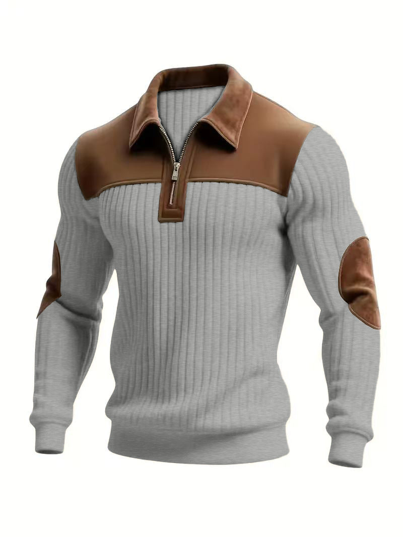 Herren nan gerippter Halbzip-Pullover mit kontrastierenden Lederapplikationen an Schultern und Ellenbogen Drune