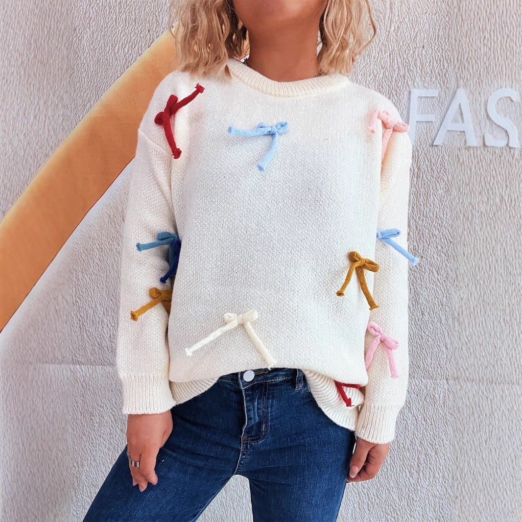 Damen kreativer Pullover mit bunten Schleifenakzenten Drune