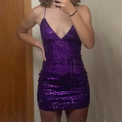 Damen Glitzerndes Minikleid mit tiefem V-Ausschnitt und Spaghettiträgern Drune