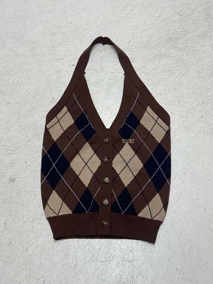 Damen ärmelloser Strickpullover im klassischen Karomuster Drune