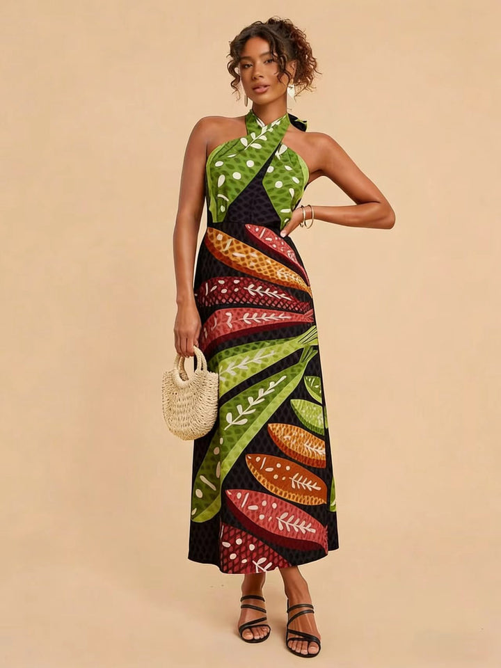 Damen Halterneck Maxikleid mit buntem Blattdesign und schwingendem Schnitt Drune