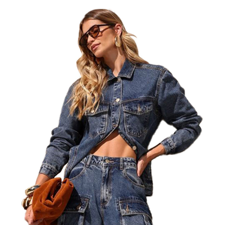 Damen Jeansjacke im Vintage-Stil mit zwei Brusttaschen und knöpfbarem Kragen Drune