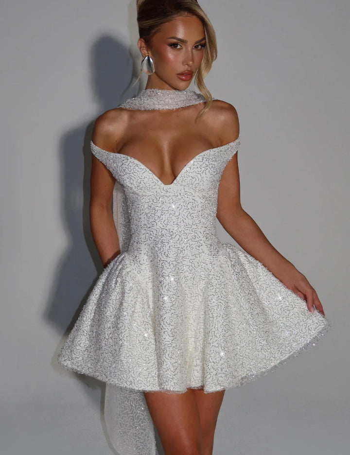 Damen Glamouröses Cocktailkleid mit schulterfreiem Design und funkelndem Paillettenbesatz Drune