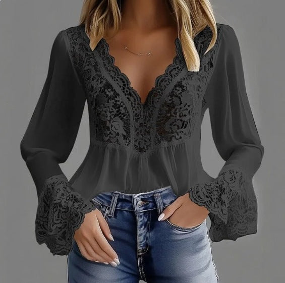 Damen elegante Bluse mit Spitzendetails und gerafftem Saum Drune