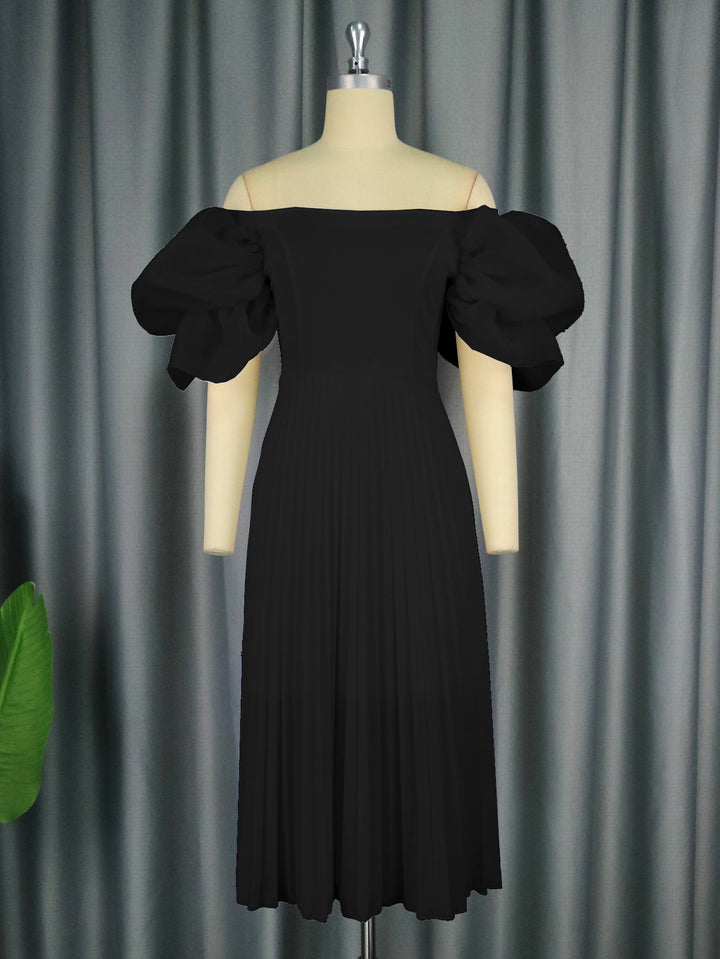 Damen elegantes Midikleid mit Puffärmeln und plissiertem Rock Drune