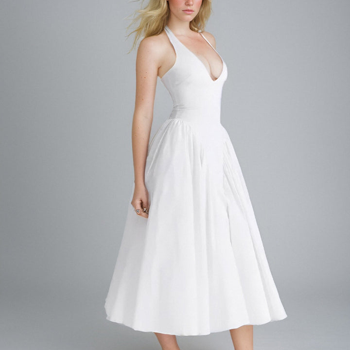 Damen Maxikleid mit tiefem V-Ausschnitt und fließendem Rock Drune