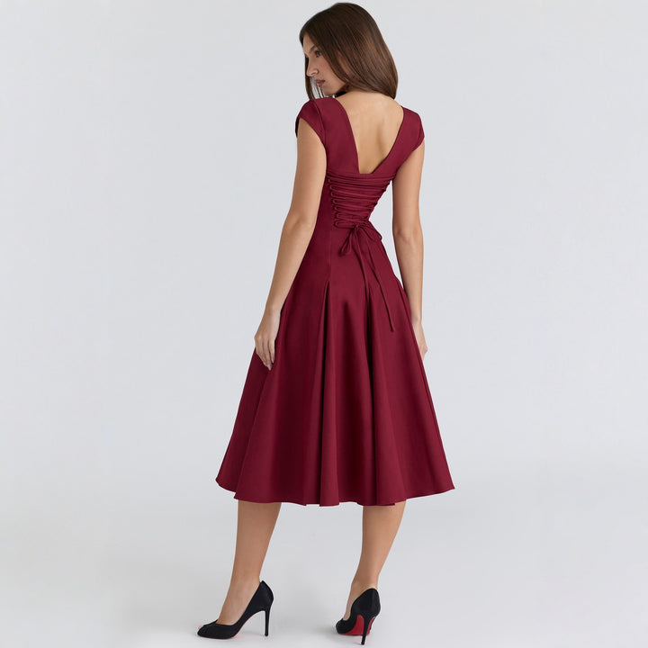 Damen Midi-Kleid mit quadratischem Ausschnitt und weit schwingendem Rock Drune