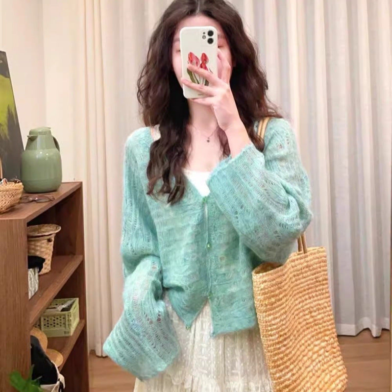 Damen luftiger Strickcardigan mit feiner Lochmusterstruktur und weitem Schnitt Drune