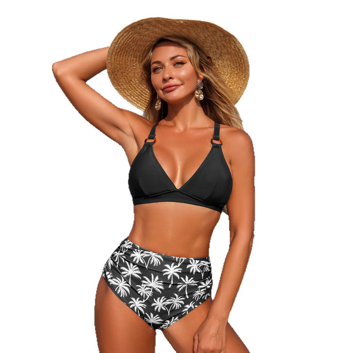 Damen Hochtailliertes Bikini-Set mit verstellbaren Trägern und modischem Palmen-Motiv Drune