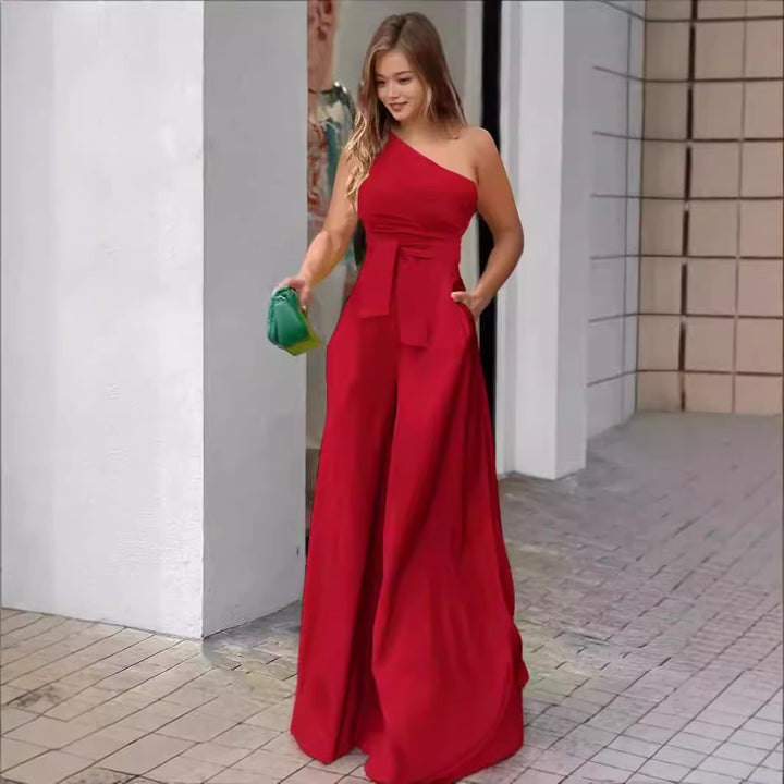 Damen Eleganter Ein-Schulter Jumpsuit mit Gürtel und weitem Bein Drune