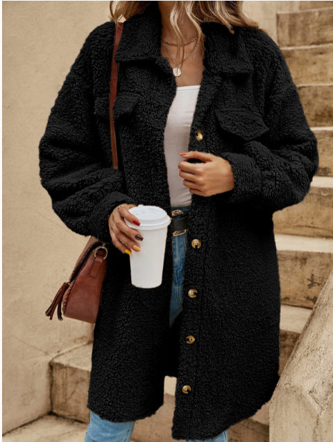 Drune | Damen LangeJacke – Plüsch-Fleece – Oversized Fit – Breiter Revers – Knopfverschluss