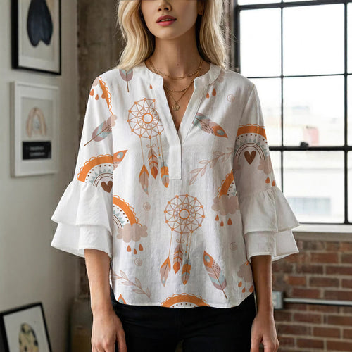 Damen Bluse mit voluminösen Flügelärmel und intensivem Blattmuster Drune