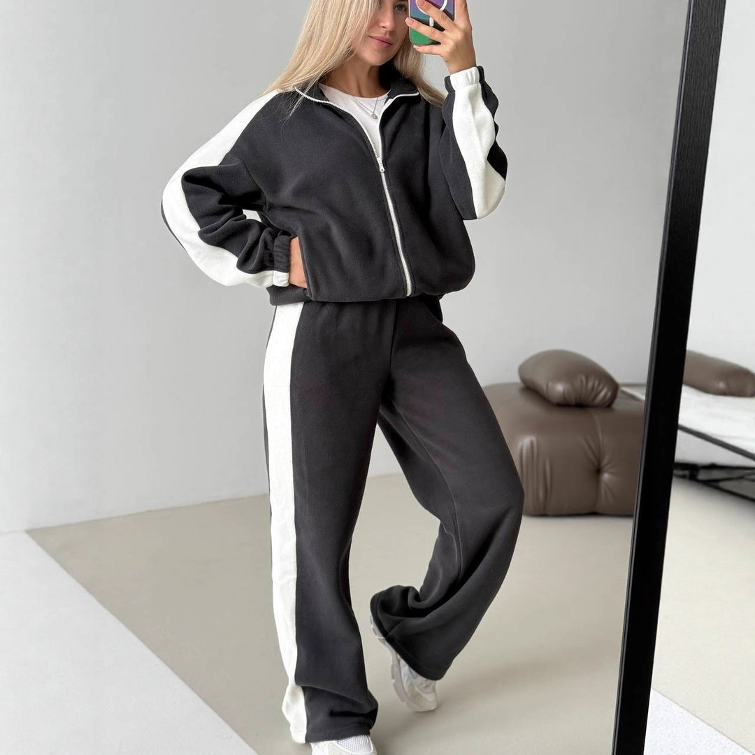 Damen sportlicher Fleece-Jogginganzug mit hohem Kragen und seitlichen Streifen Drune