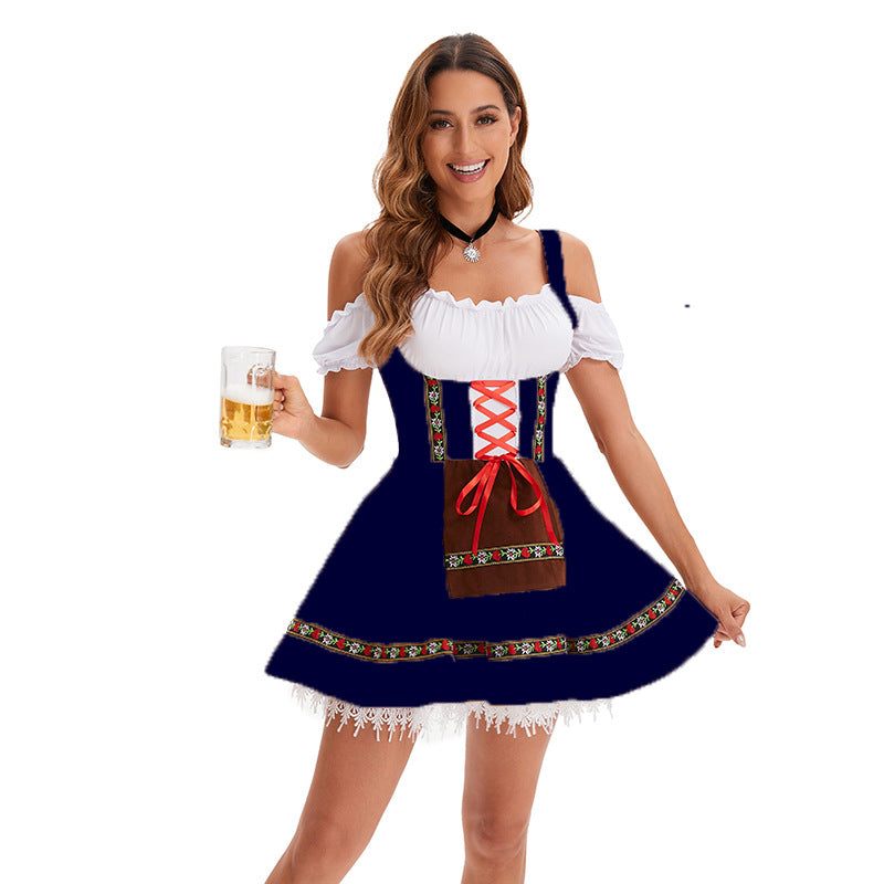 Damen nan kurzes Trachtenkleid mit Carmen-Ausschnitt, geschnürtem Mieder und bestickter Schürze Drune