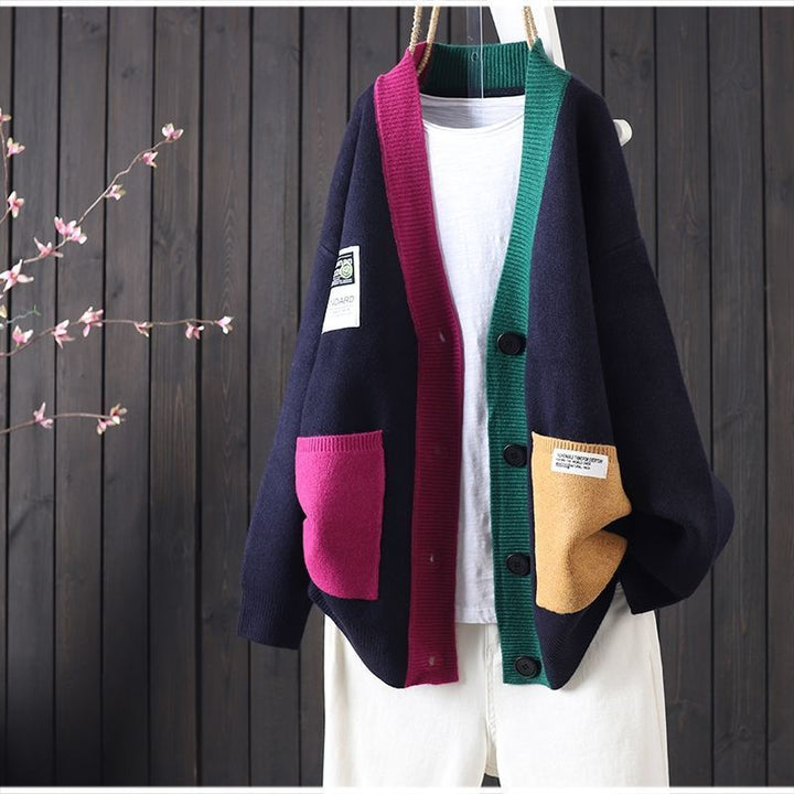 Damen Oversized Strickjacke mit bunten Taschen und Knopfdetails Drune