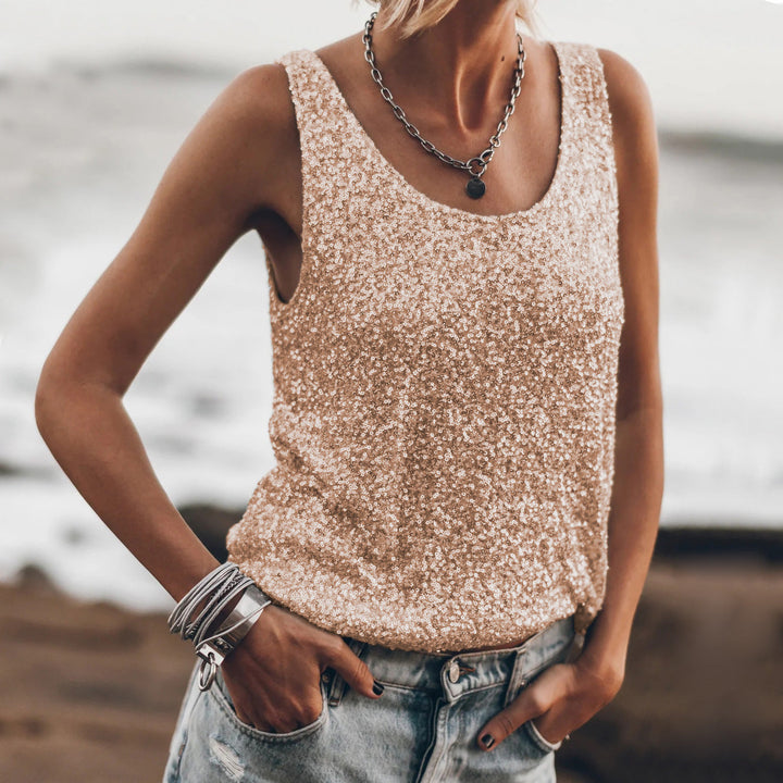 Damen Glitzerndes Top mit tiefem Rundhalsausschnitt und leichter A-Linie Drune