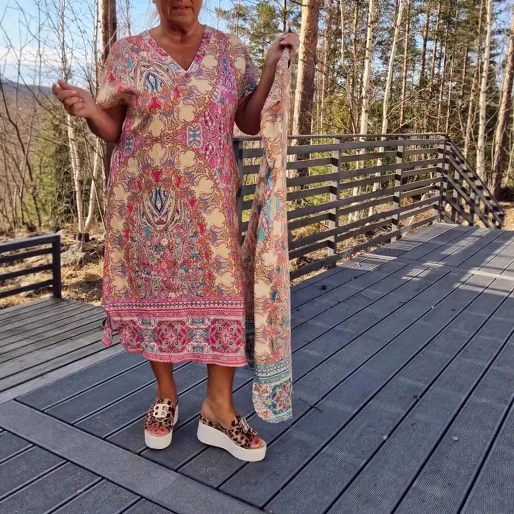 Damen nan luftiges V-Ausschnitt-Kleid im Paisley-Print mit Eingrifftaschen und passendem Pareo Drune