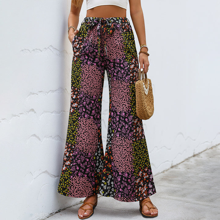 Damen weite Blumenhose mit elastischem Bund und praktischen Taschen Drune
