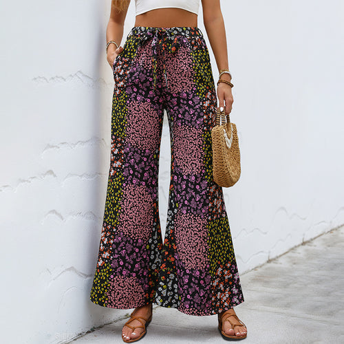 Damen weite Blumenhose mit elastischem Bund und praktischen Taschen Drune